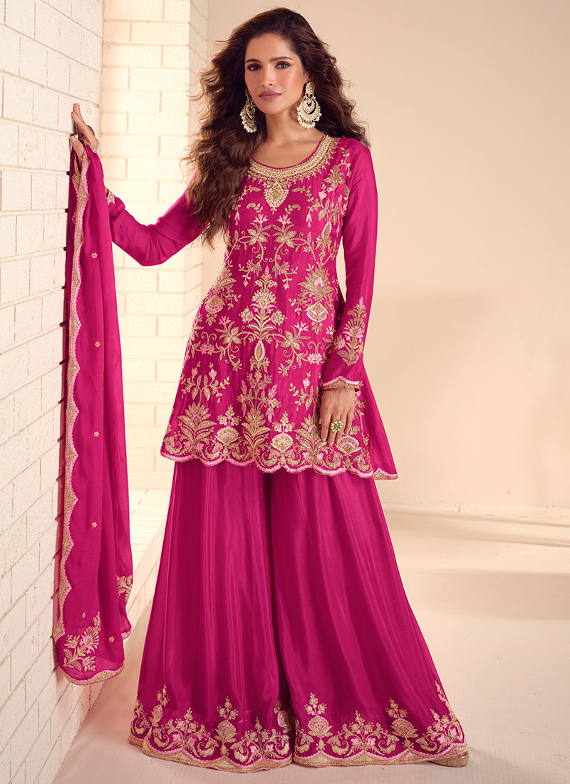 Chinnon Pink Party Wear Embroidery Work Readymade Plazzo Suit