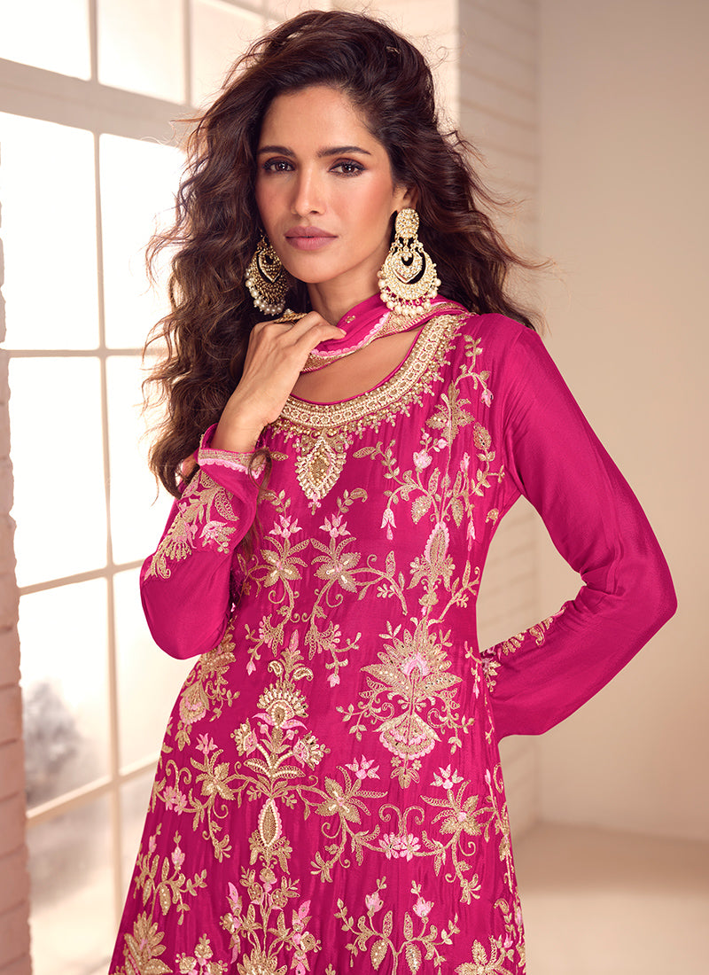 Chinnon Pink Party Wear Embroidery Work Readymade Plazzo Suit