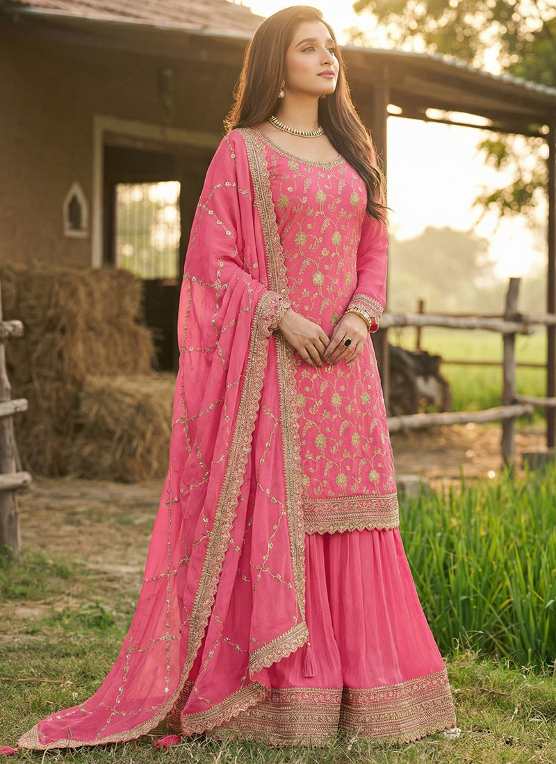 Pink Chinon Embroidery Work Festival Wear Readymade Plazzo Suit SW542016