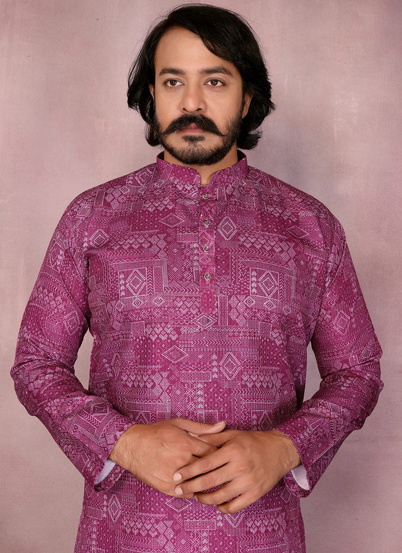 Cotton Pink Festival Wear Printed Work Readymade Kurta Pajama
