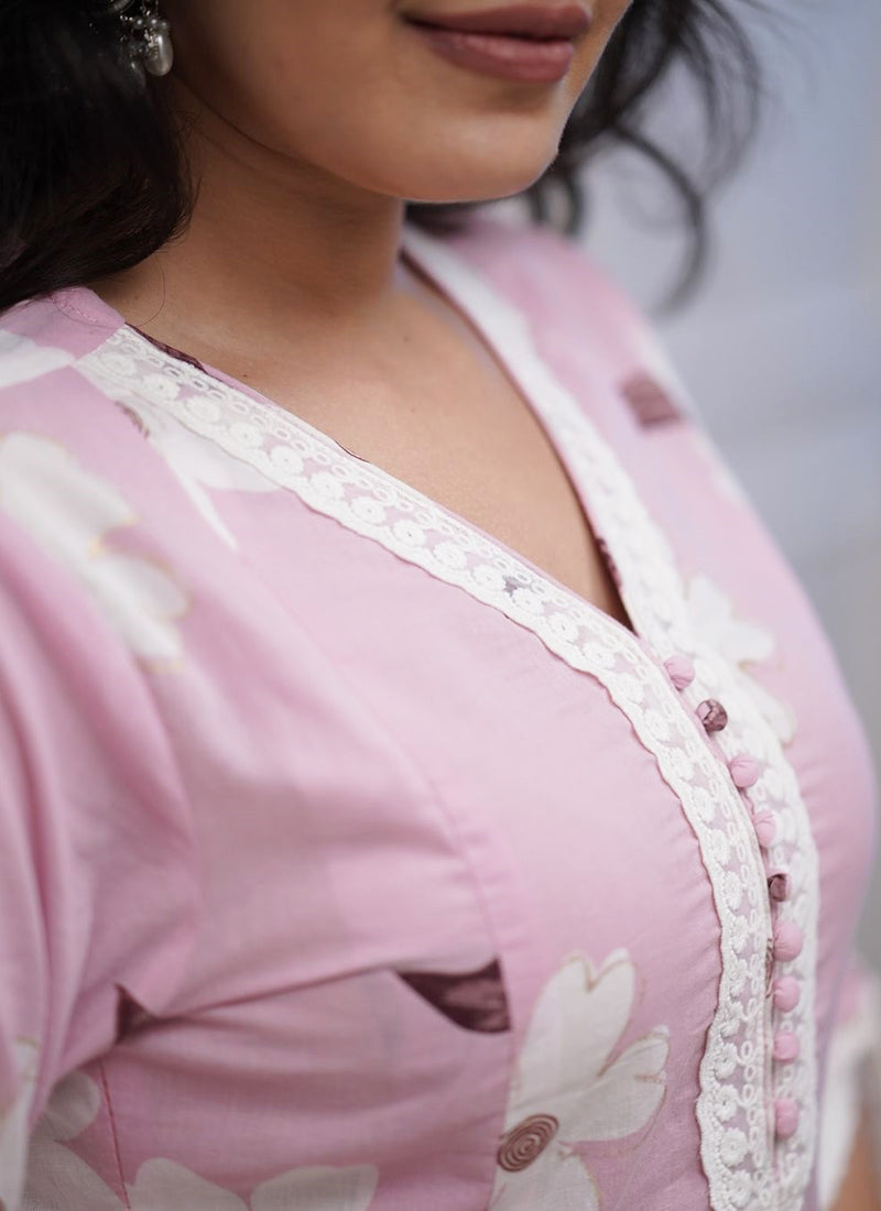 Cotton Pink Traditional Wear Printed Readymade Kurti Set