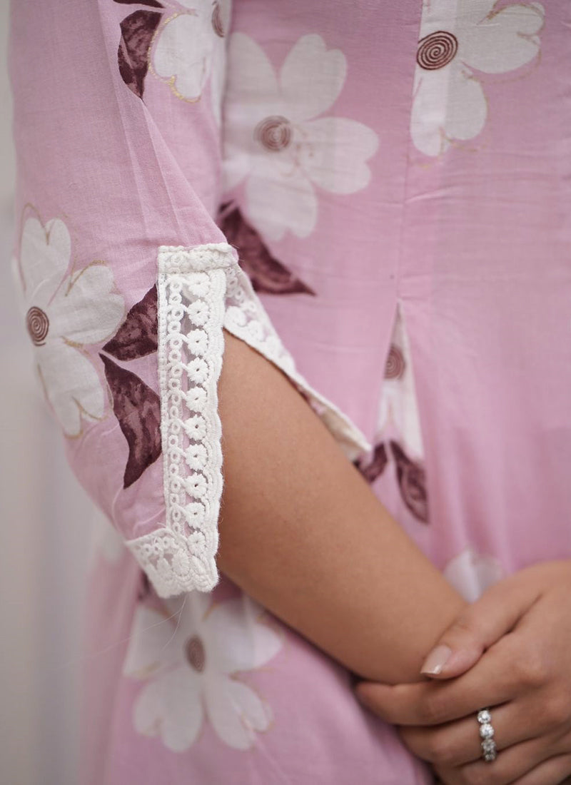 Cotton Pink Traditional Wear Printed Readymade Kurti Set