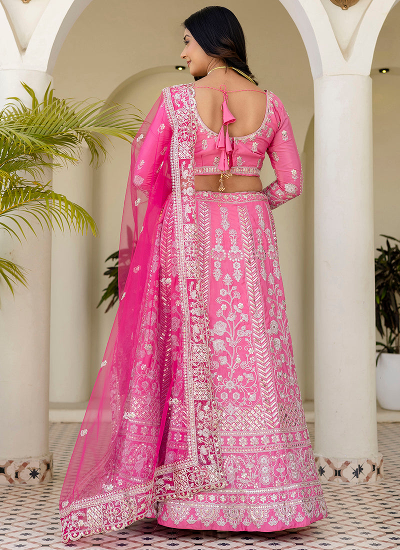 Crepe Silk Pink Wedding Wear Zari Embroidery Work Lehenga Choli 388753