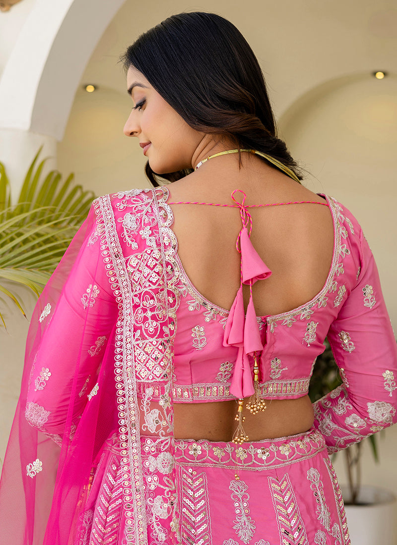 Crepe Silk Pink Wedding Wear Zari Embroidery Work Lehenga Choli 388753