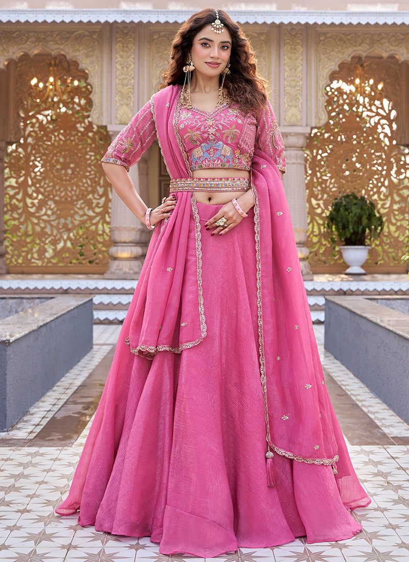 Pink Crunchy Silk Embroidery Work Occasional Wear Lehenga Choli SW500043
