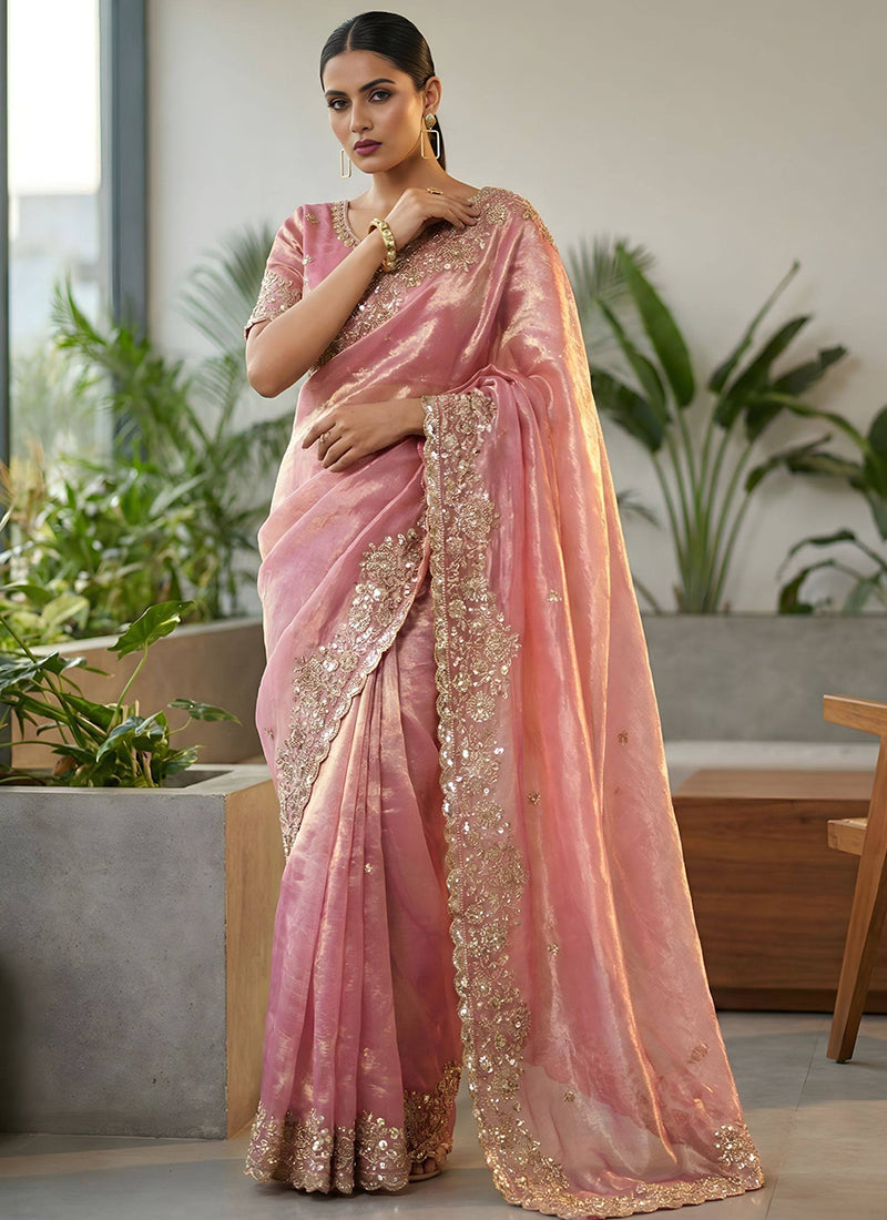 Fendy Satin Silk Pink Wedding Wear Zari Embroidery Work Wedding Saree 389003