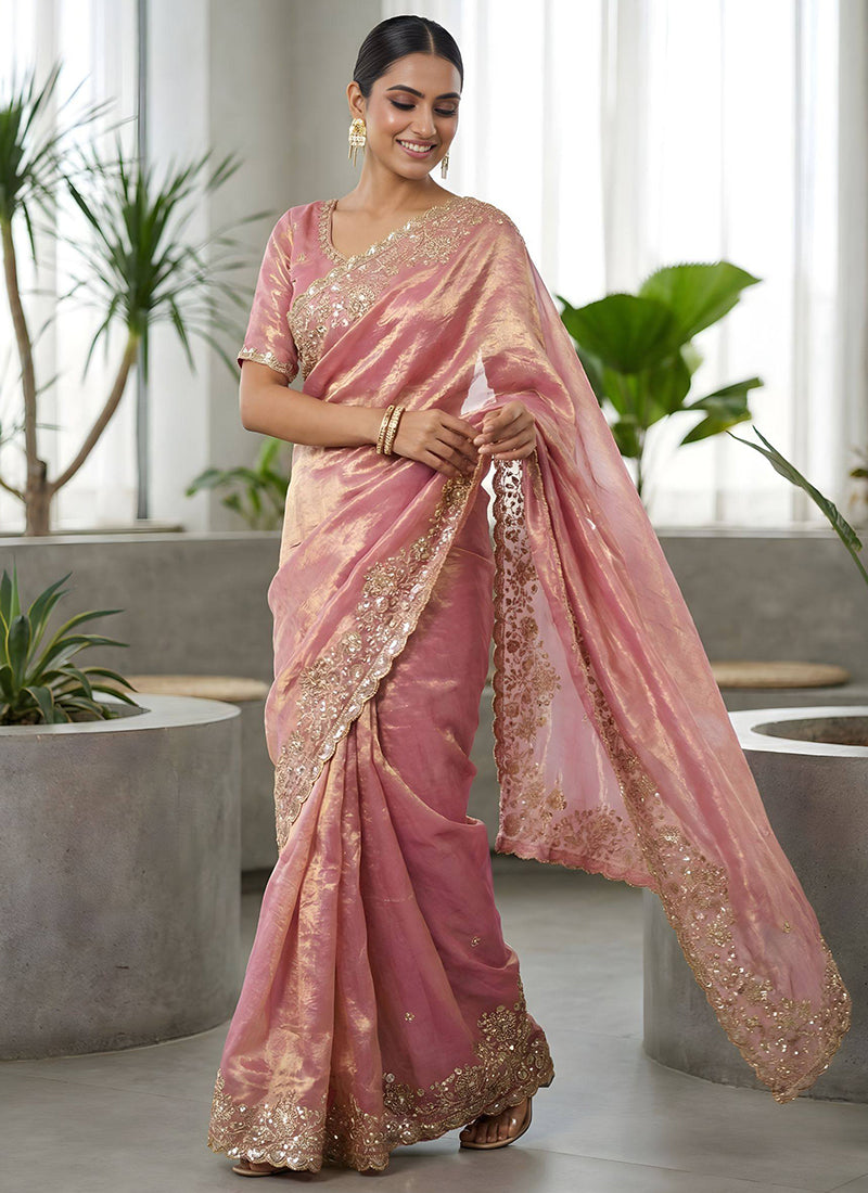 Fendy Satin Silk Pink Wedding Wear Zari Embroidery Work Wedding Saree 389003