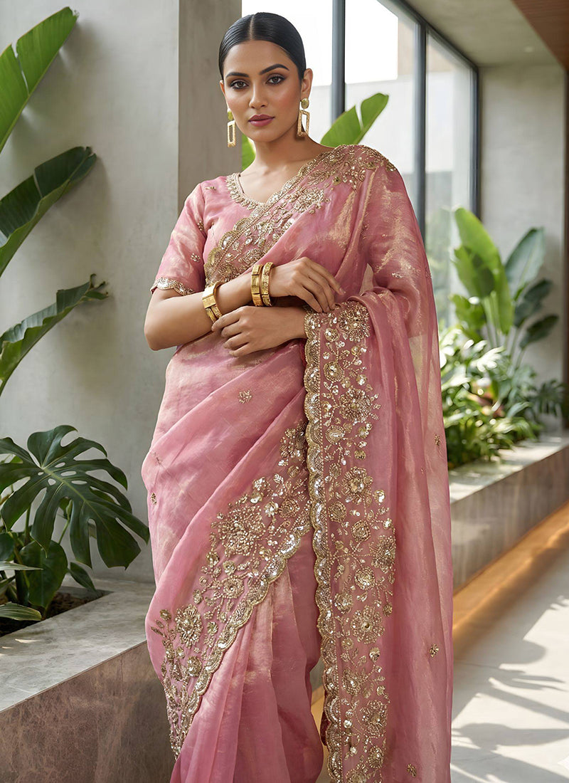 Fendy Satin Silk Pink Wedding Wear Zari Embroidery Work Wedding Saree 389003