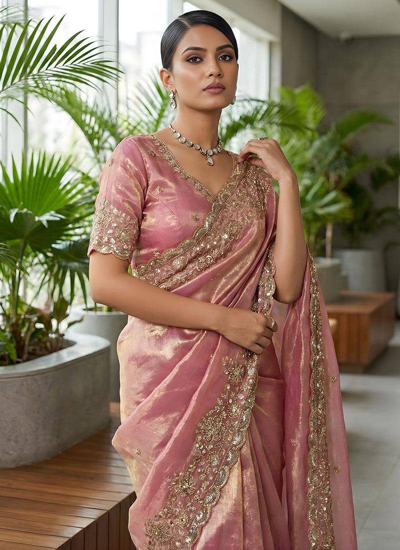 Fendy Satin Silk Pink Wedding Wear Zari Embroidery Work Wedding Saree 389003