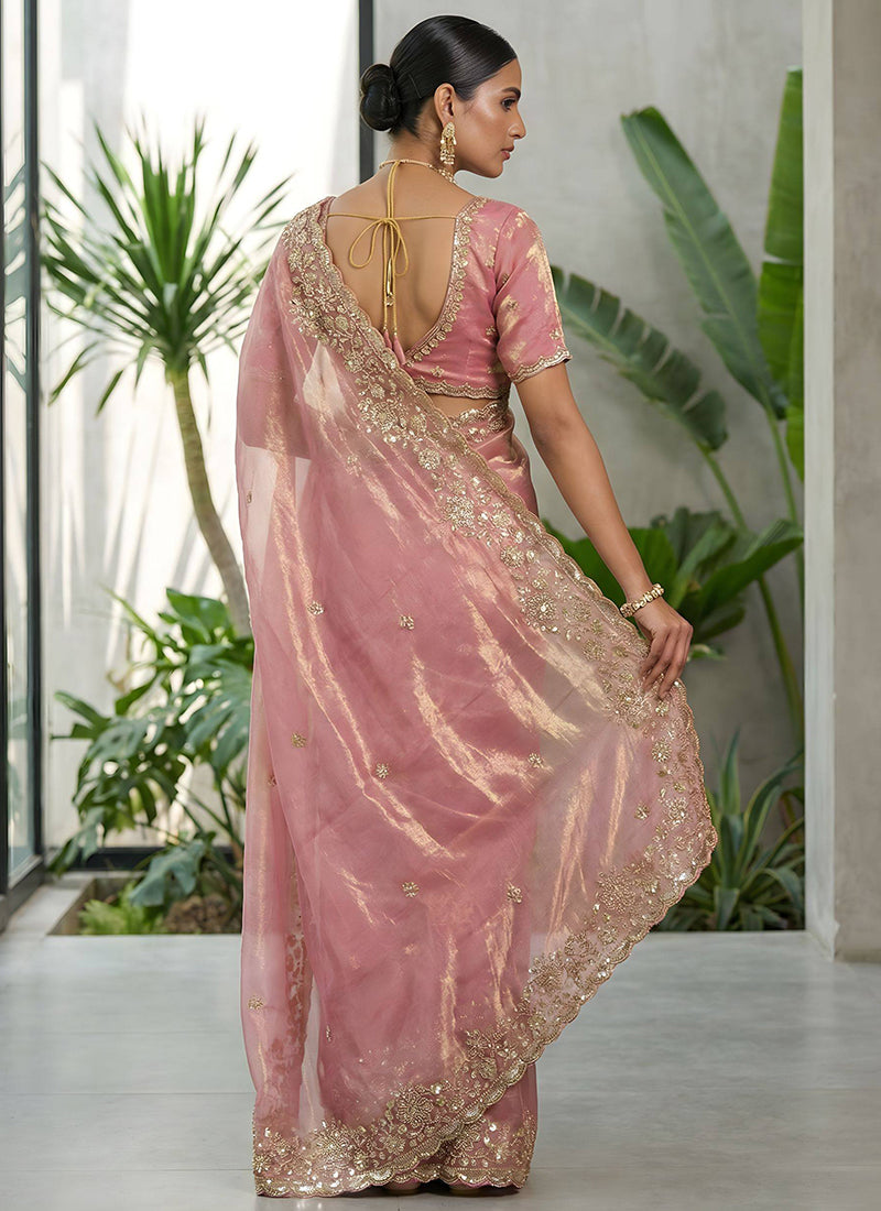 Fendy Satin Silk Pink Wedding Wear Zari Embroidery Work Wedding Saree 389003