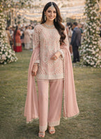 Pink Georgette Beads Work Occasional Wear Readymade Plazzo Suit SW930374