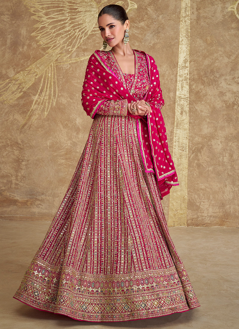 Georgette Pink Wedding Wear Embroidery Work Readymade Anarkali Suit