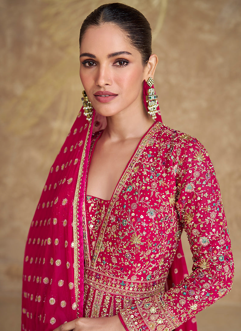 Georgette Pink Wedding Wear Embroidery Work Readymade Anarkali Suit