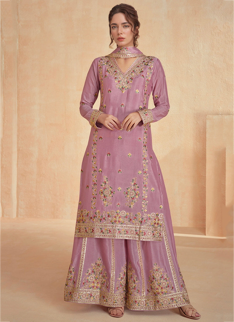 Heavy Chinon Pink Eid Wear Embroidery Work Pakistani Suit