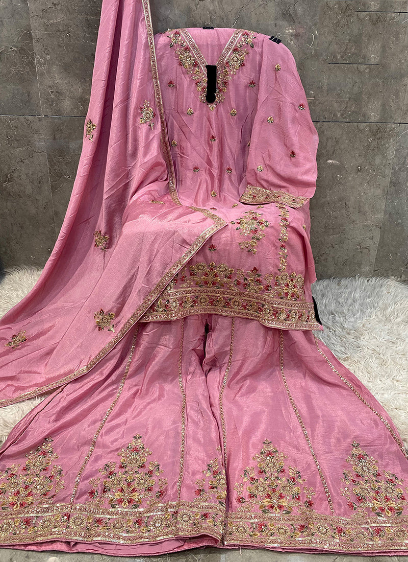 Heavy Chinon Pink Eid Wear Embroidery Work Pakistani Suit
