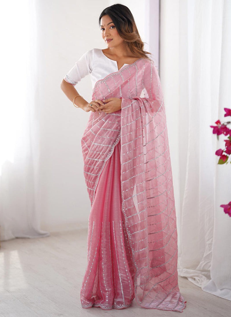 Jimmy Choo Pink Ocassional Wear Embroidery Work Saree
