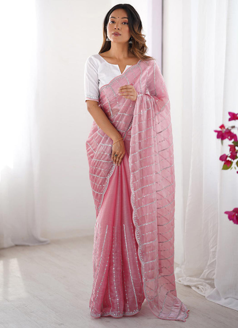 Jimmy Choo Pink Ocassional Wear Embroidery Work Saree