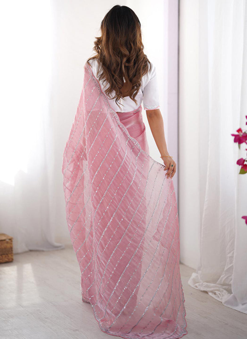 Jimmy Choo Pink Ocassional Wear Embroidery Work Saree