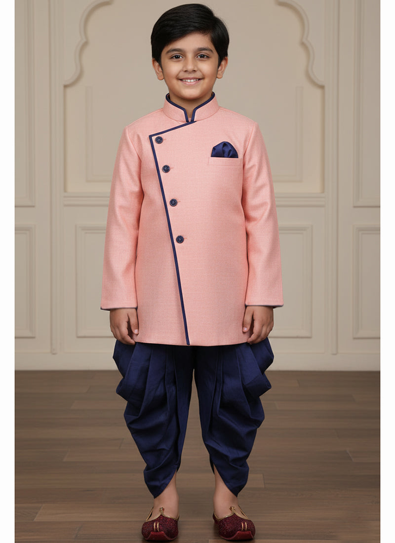 Jute Silk Pink Wedding Wear Plain Work Readymade Dhoti Suit For Boys