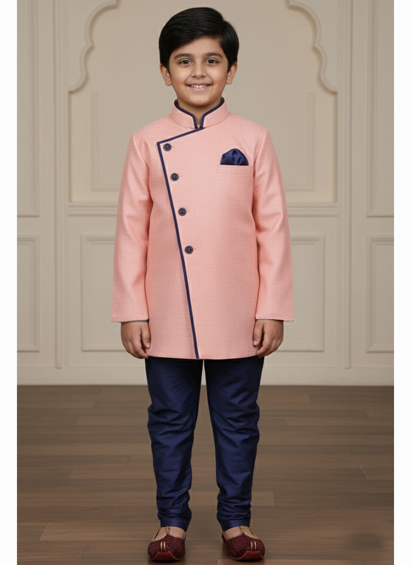 Jute Silk Pink Wedding Wear Plain Work Readymade Indo Western For Boys