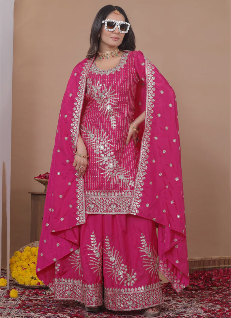 Pink Natural Crepe Sequins Work  Festival Wear Readymade Plazzo Suit SW939232