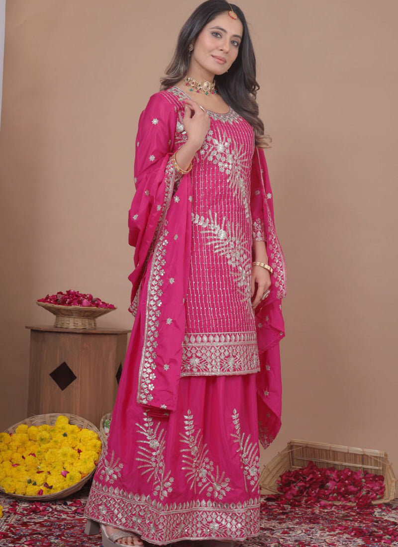 Pink Natural Crepe Sequins Work  Festival Wear Readymade Plazzo Suit SW939232