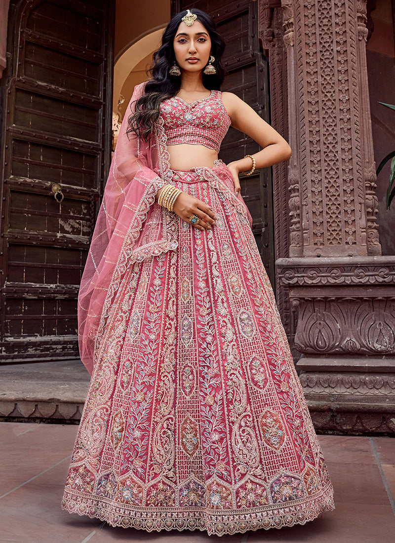 Net Pink Wedding Wear Heavy Work Lehenga Choli