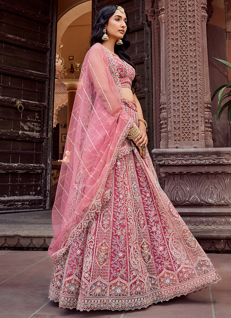 Net Pink Wedding Wear Heavy Work Lehenga Choli