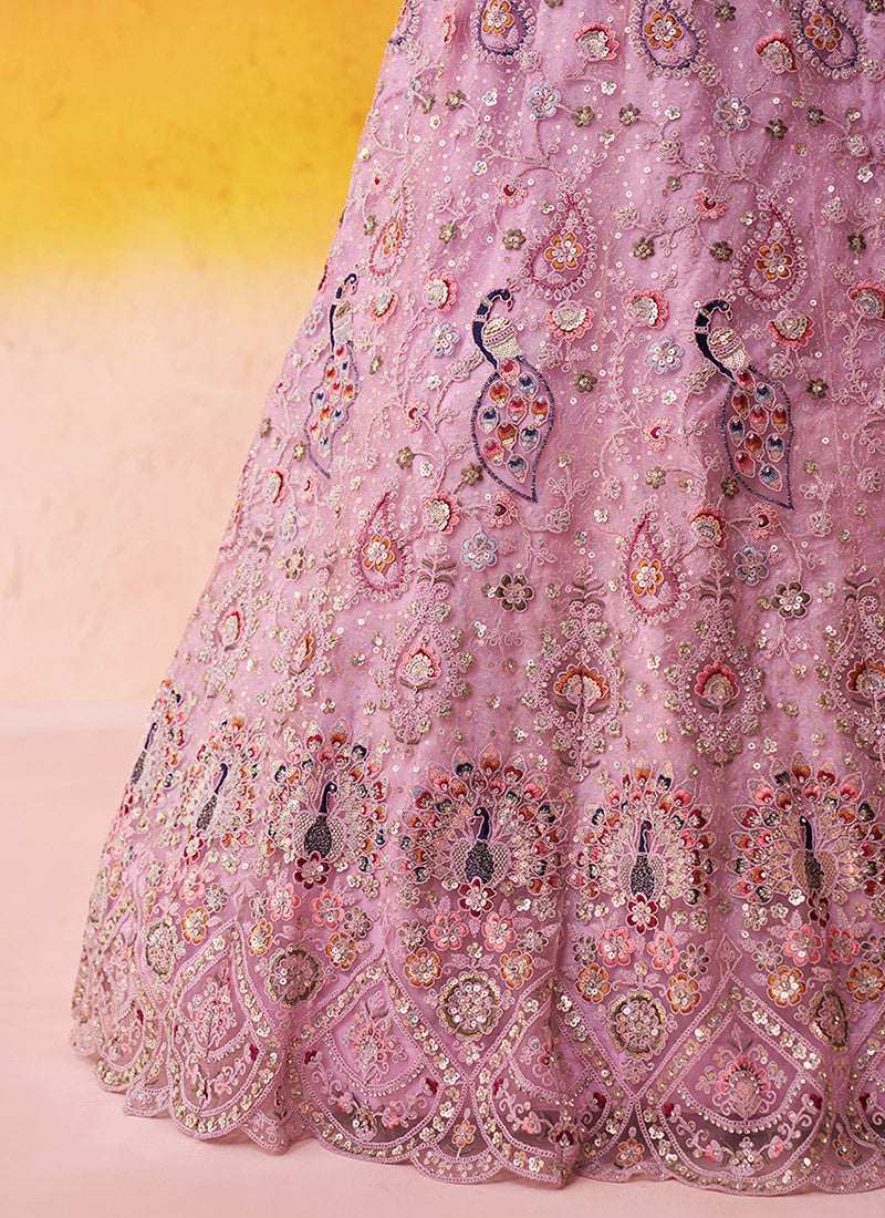 Net Pink Wedding Wear Sequins Embroidery Work Lehenga Choli