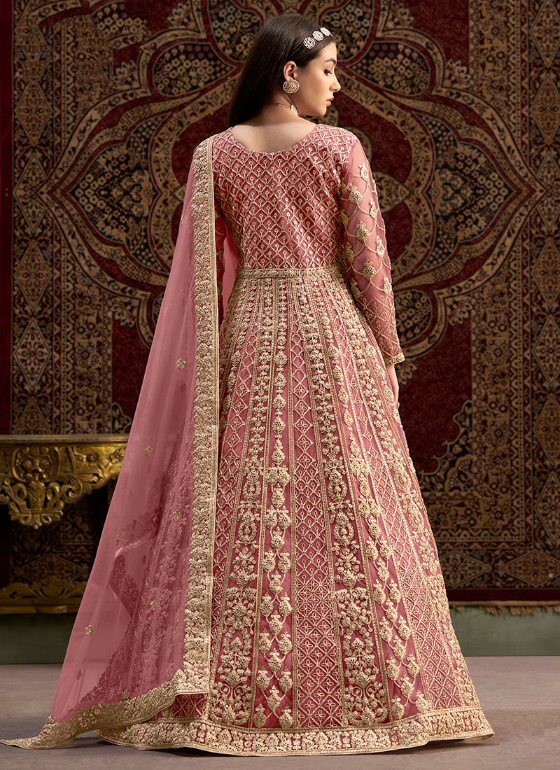 Net Pink Wedding Wear Embroidery Work Anarkali Suit