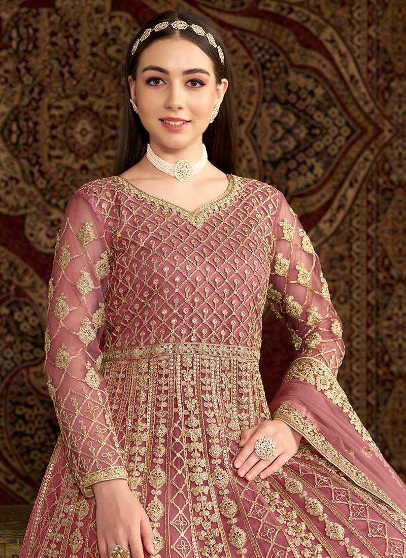 Net Pink Wedding Wear Embroidery Work Anarkali Suit