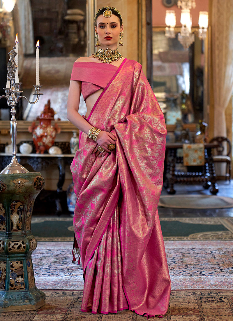 Pv Tissue Silk Pink Wedding Wear Weaving Work Saree 388678