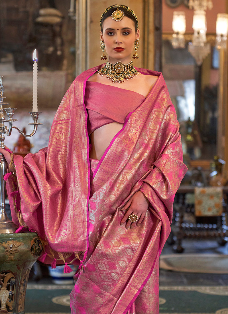 Pv Tissue Silk Pink Wedding Wear Weaving Work Saree 388678