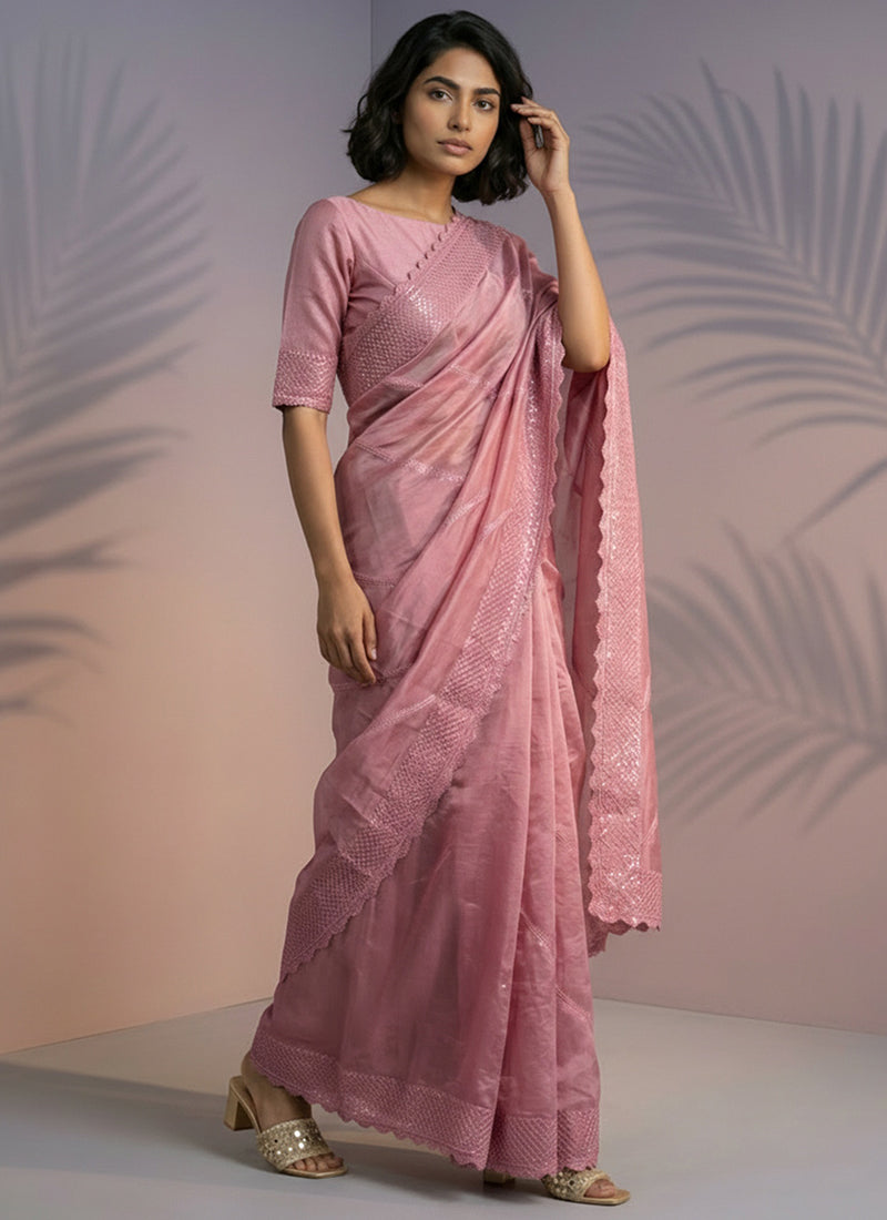 Pink Rasberry Silk Thread Work Festival Wear Saree SW580226