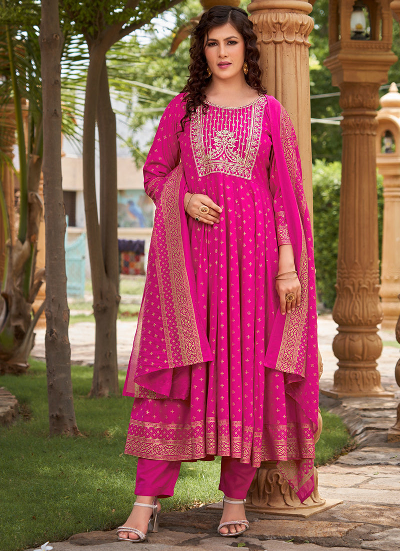 Rayon Pink Casual Wear Sequin Work Readymade Anarkali Suit