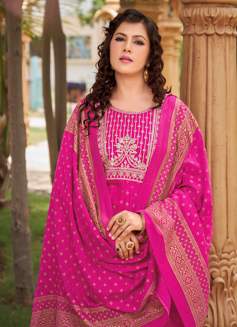 Rayon Pink Casual Wear Sequin Work Readymade Anarkali Suit