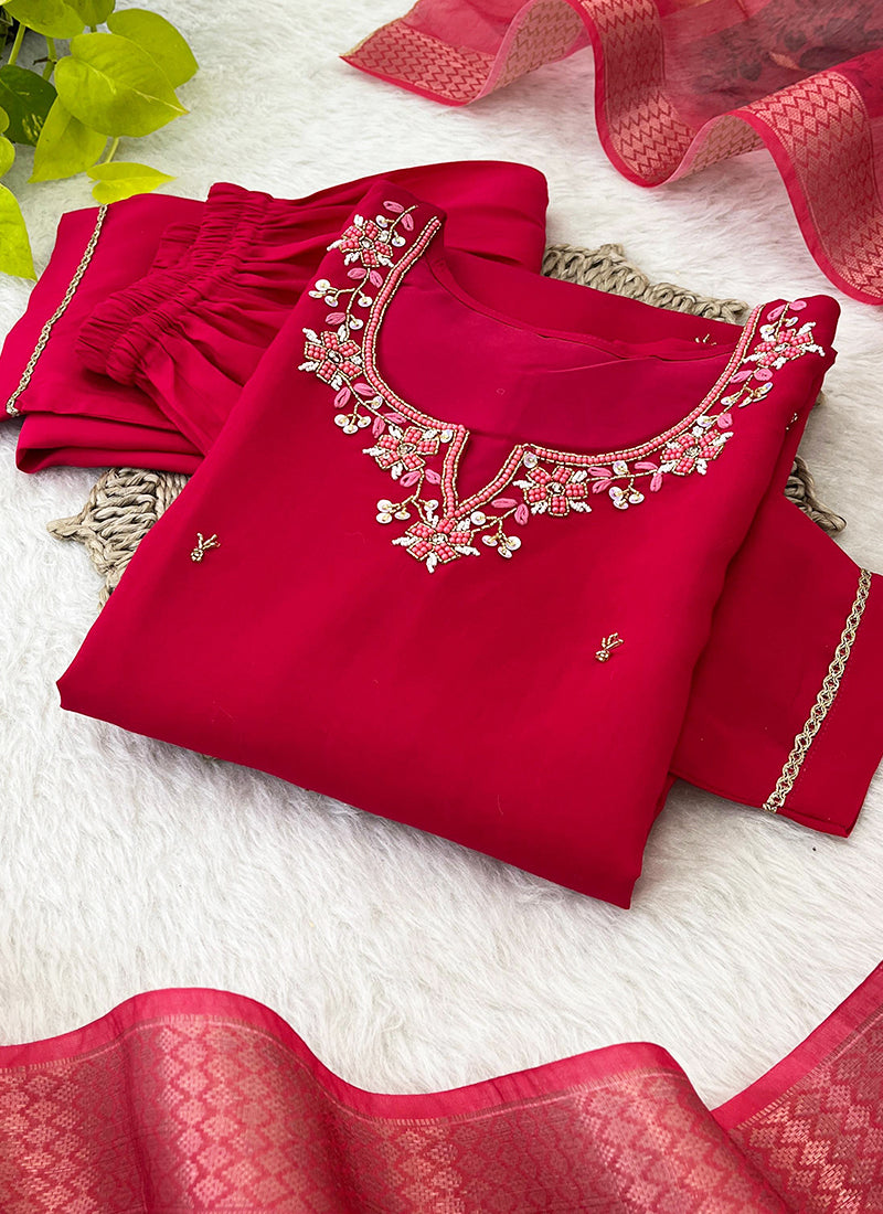 Roman Silk Pink Festival Wear Hand Work Readymade Kurti Set
