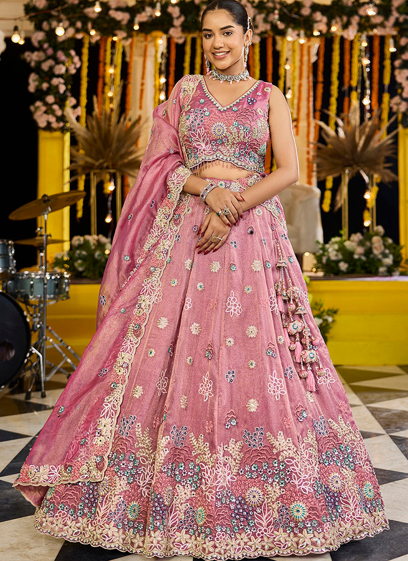 Satin Silk Pink Wedding Wear Embroidery Work Readymade Lehenga Choli
