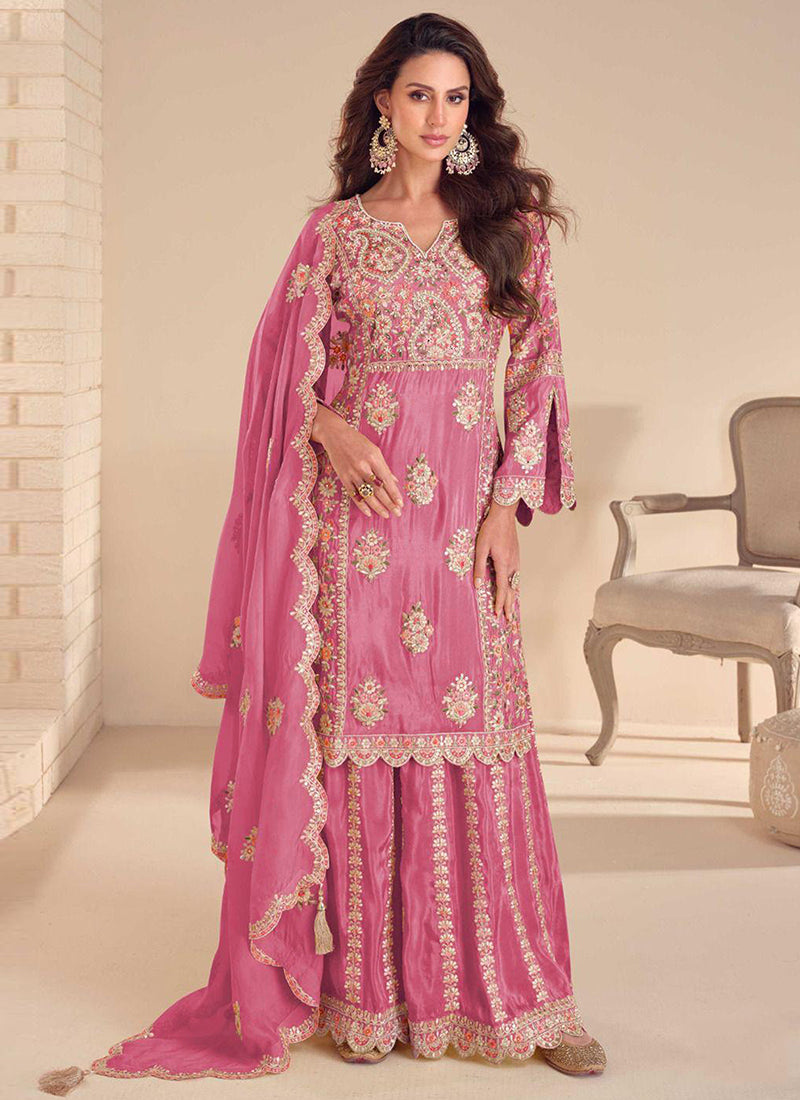 Pink Shimmer Embroidery Work Party Wear Readymade Plazzo Suit SW159811