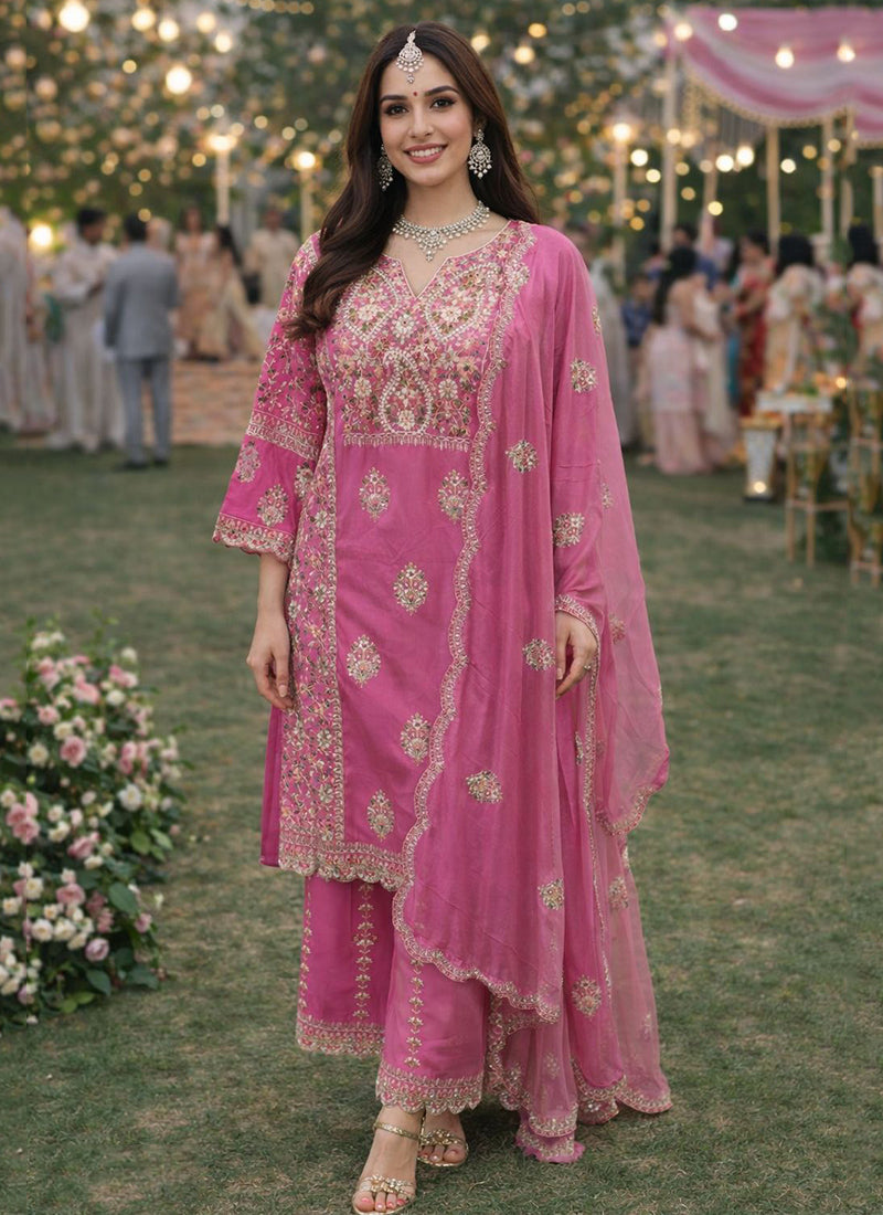 Pink Shimmer Silk Embroidery Work Festival Wear Readymade Plazzo Suit SW797098