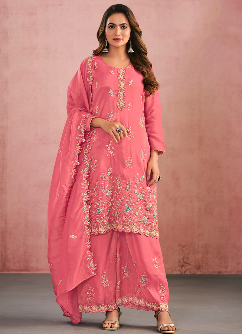 Shimmer Silk Pink Wedding Wear Thread Work Readymade Plazzo Suit