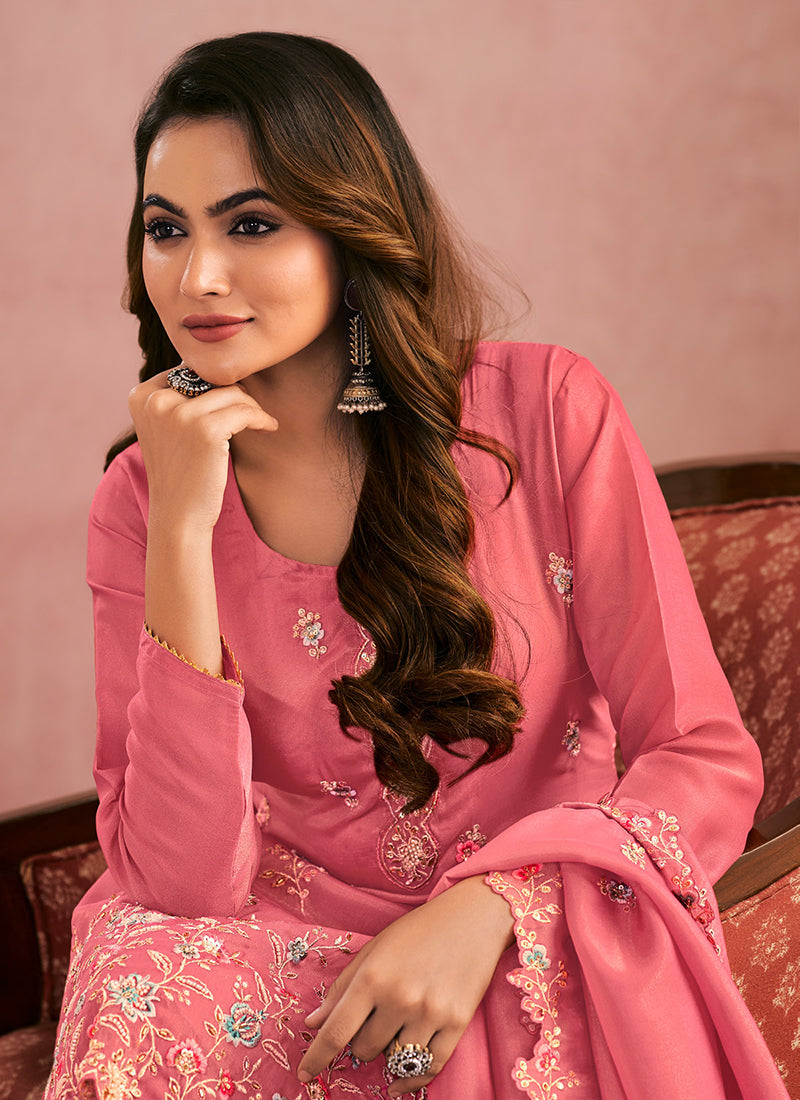 Shimmer Silk Pink Wedding Wear Thread Work Readymade Plazzo Suit