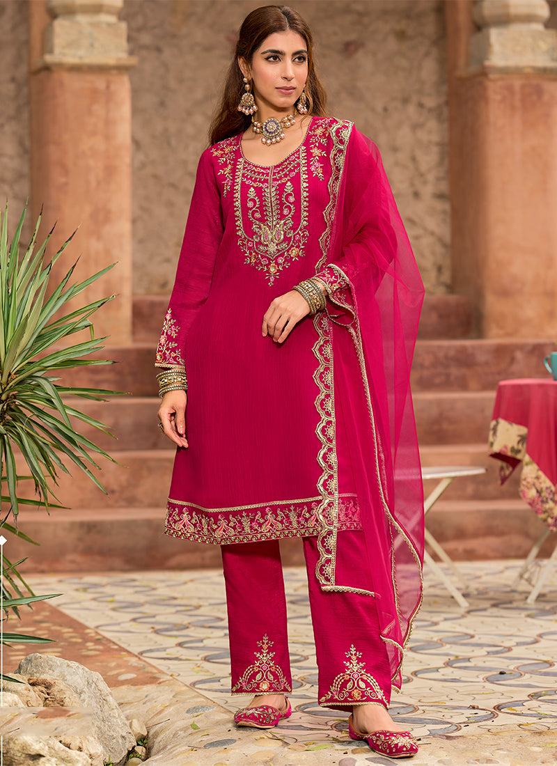 Silk Pink Casual Wear Embroidery Work Readymade Salwar Suit 388948