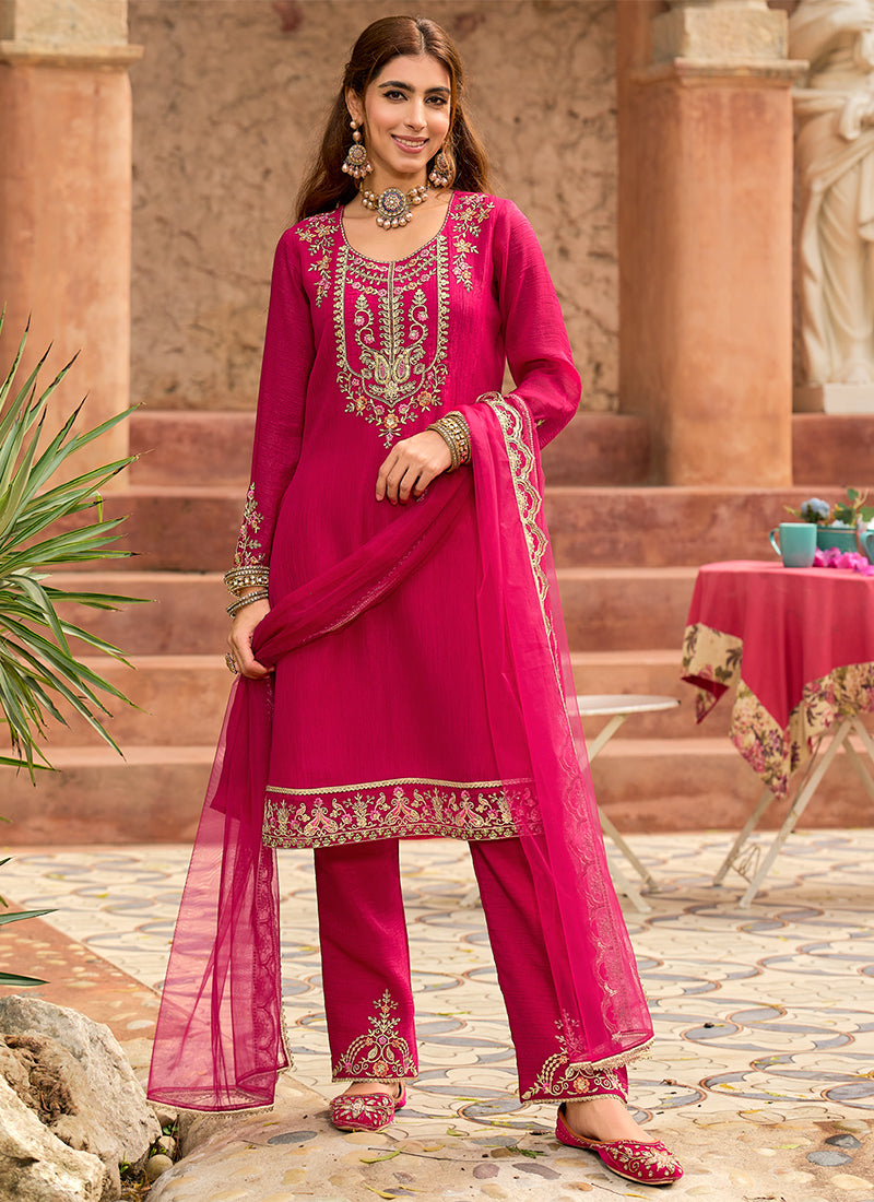 Silk Pink Casual Wear Embroidery Work Readymade Salwar Suit 388948