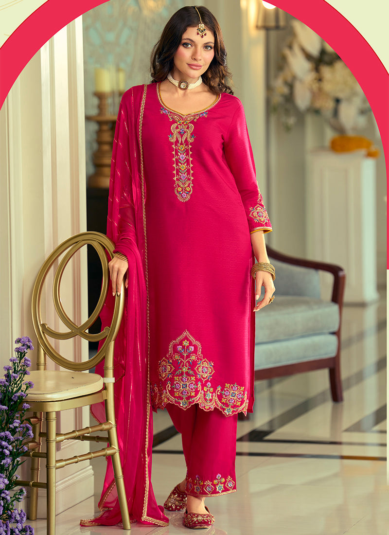 Silk Pink Festival Wear Hand Work Readymade Salwar Suit 388944