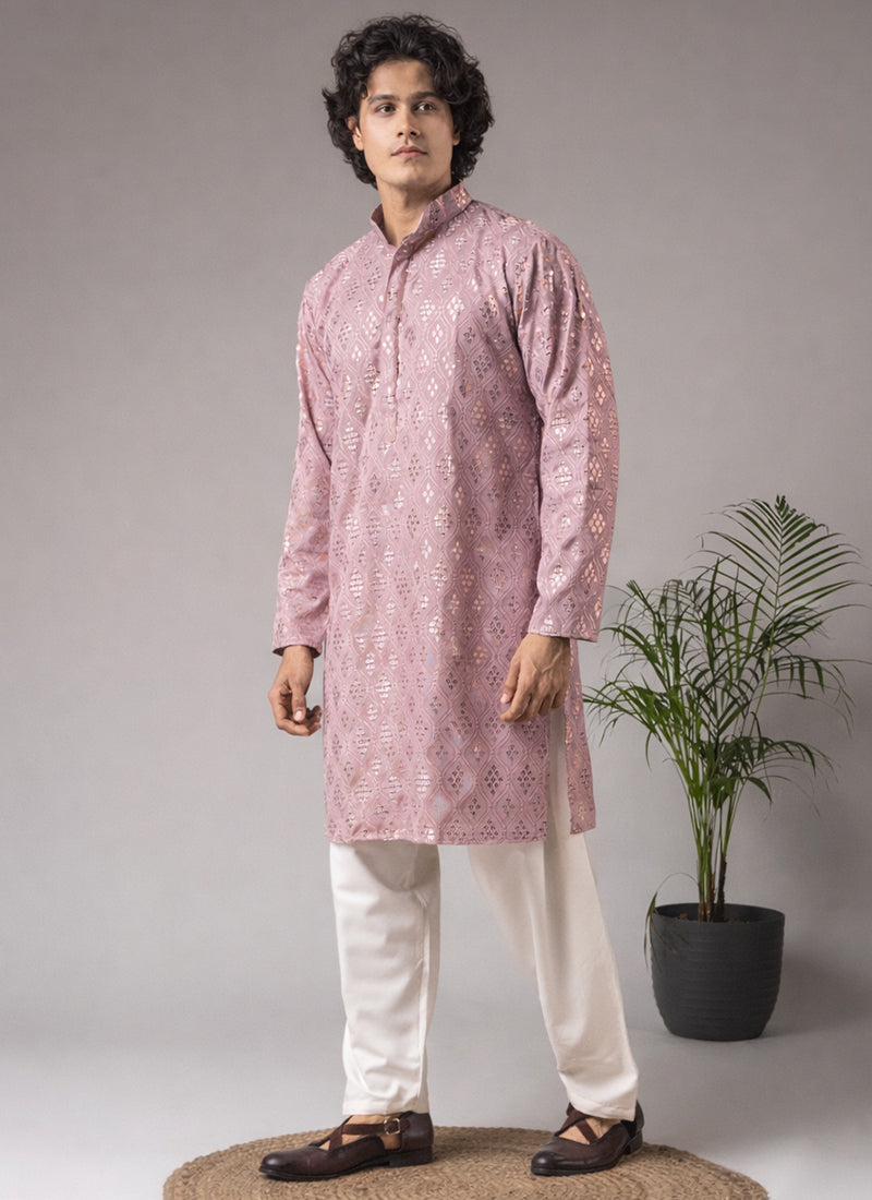 Pink Viscose Embroidery Work Festival Wear Readymade Kurta Pajama SW599883
