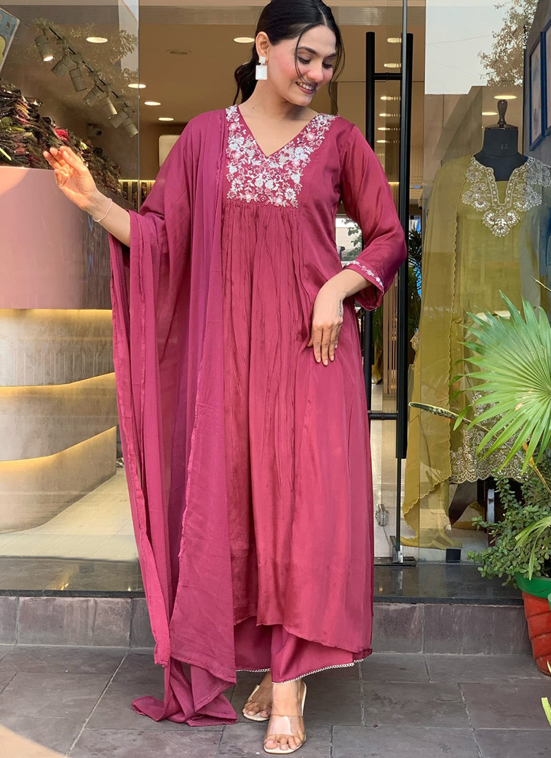 Viscose Chinnon  Pink Daily Wear Sequins Work Readymade Kurti Set