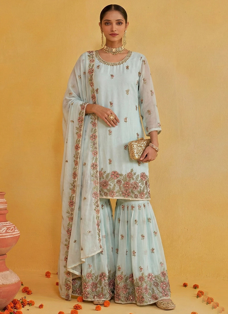 Pista Green Georgette Embroidery Work Party Wear Readymade Sharara Suit SW741111