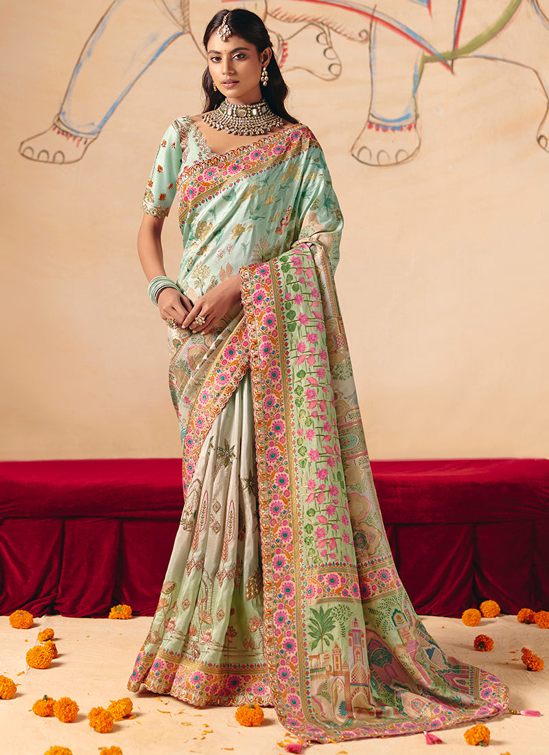 Pista Green Silk Sequins Work  Wedding Wear Saree SW385212