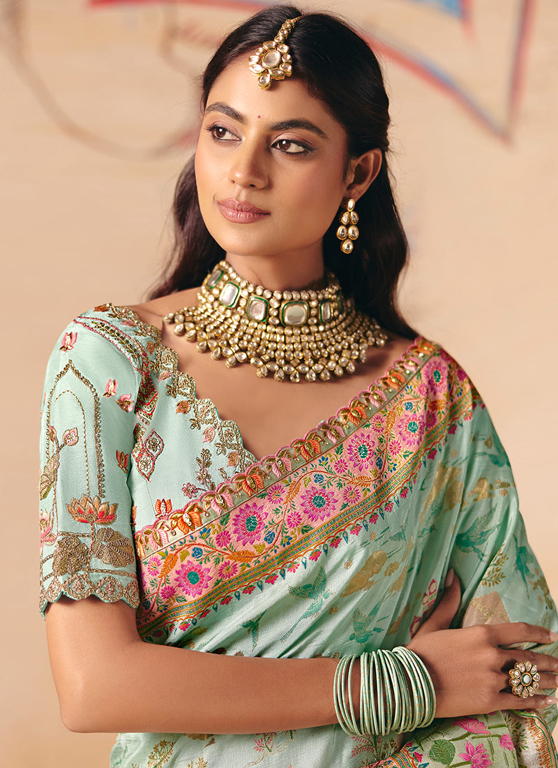 Pista Green Silk Sequins Work  Wedding Wear Saree SW385212